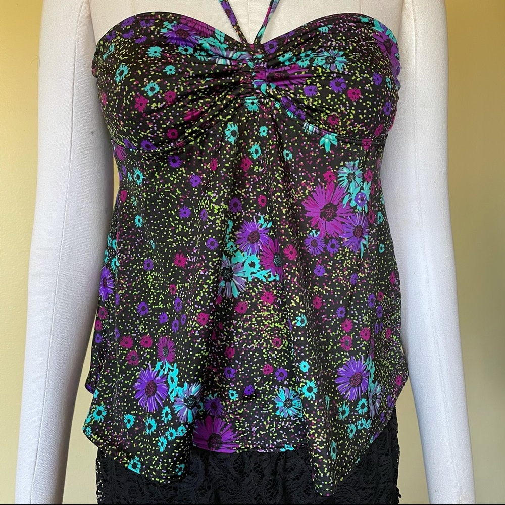 Billabong Black Blue Purple Floral Bathing Suit Beach Swim Halter Tankini Top